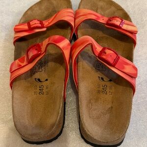 Birkis by Birkenstock Women's Red and Orange Striped Two‑Buckle Sandals